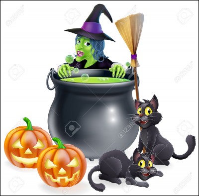 Sur cette image, tu peux voir deux chats noirs, deux citrouilles creusées, un chaudron, un balai et une...