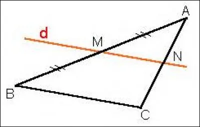 Si, dans un triangle, une droite passe par le milieu d'un côté et est parallèle à un deuxième côté, alors elle passe par le milieu du troisième côté.
