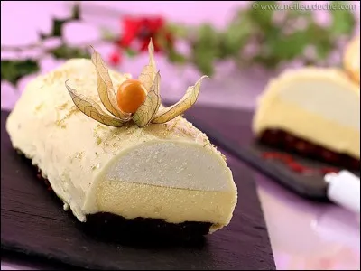 Quel beau décor surmontant cette bûche aux fruits de la passion, poire et chocolat blanc !