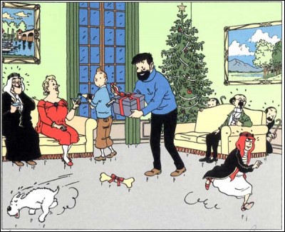 En cette soirée de Noël à qui Tintin sert-il le champagne ?