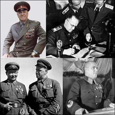 2e Guerre mondiale : 
Le 24 juin 1945, il reçoit sur la Place rouge la Parade de la victoire en lieu et place de Staline. Il a dirigé l'armée rouge dans la majorité de ses victoires de la 2e Guerre mondiale. En fin de carrière, il est écarté par Staline et Khrouchtchev, muté à Odessa, il éliminera la criminalité en faisant massacrer les délinquants !
Quel est ce général ?