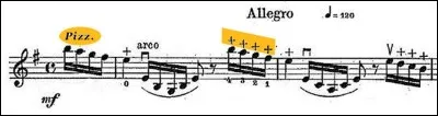 Plus près de nous, que signifient l'abréviation « Pizz. » ainsi que les signes « + » sur la portée ci-dessus ?