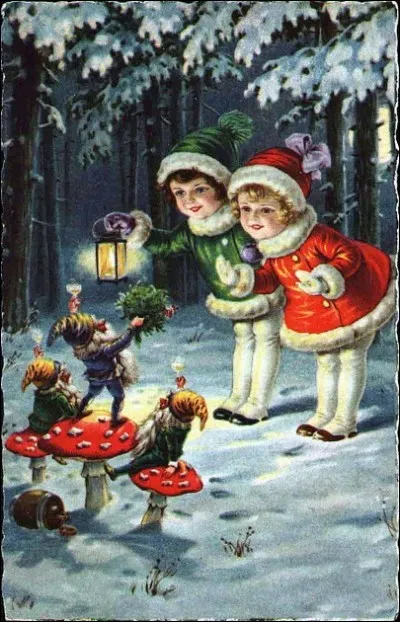 Combien y a-t-il de lutins et de points sur les amanites qui leur servent de sièges dans ce décor magique de nuit de Noël ?