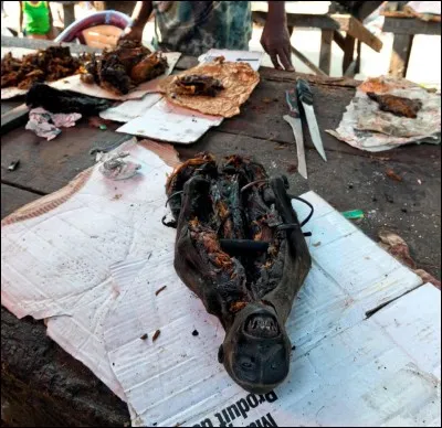 Le singe boucan&eacute; : Ici on le consomme avec des arachides. Contrairement &agrave; certains pays d'Asie o&ugrave; on d&eacute;guste la cervelle en scalpant le singe, ici on le r&ocirc;tit. O&ugrave; d&eacute;vore-t-on ce plat ?