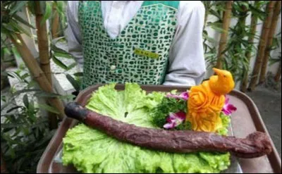 Du pénis de yak : Dans certains restaurants, on peut trouver ce qu'on appelle généralement " dragon dans la flamme du désir" . Il paraît que le membre a le goût d'épinard. Dans quels restaurants peut-on en trouver ?