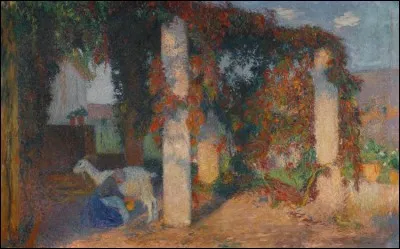 Qui a peint cette jeune fille trayant une chèvre sous une des pergolas de Marquayrol ?