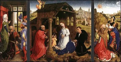 Elle fait partie du retable Bladelin (du nom de son commanditaire) réalisé vers 1450 par un peintre né à Tournai et qui devint en 1435 le peinte officiel de la ville de Bruxelles où il s'était établi tout en étant proche de la cour de Bourgogne (son chef d'oeuvre peint pour le chancelier Nicolas Rolin se trouve aux Hospices de Beaune)