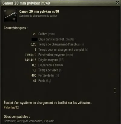 Combien d'obus (en 1 barillet) peut tirer le Pvlvv fm/42 s'il est équipé de son canon de base ?