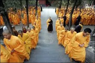 Les moines boudhistes quettent en priant près des temples en prenant des mines triste.