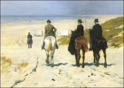 Ces chevaux et leurs cavaliers qui se dirigent vers la plage sont apparus sous le pinceau de...