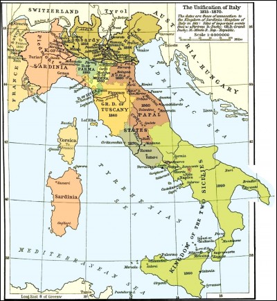 Démarrons ce quiz en 1815 après la défaite de Napoléon, lors du redécoupage des frontières européennes définies par le traité de Vienne.
Le redécoupage n'est pas très enclin à l'unité italienne vu que la péninsule est subdivisée en plusieurs États.
En 1815, combien de pays composaient l'actuelle Italie ?