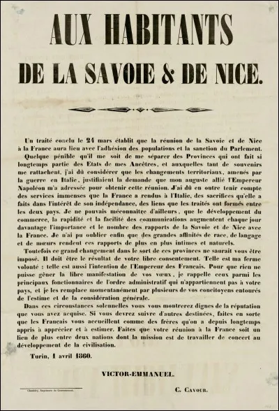 Mais l'unification italienne ne se sera pas faite sans dégâts. Pour commencer de nombreux soldats perdirent la vie dans les différents conflits. 
Les conséquences furent également territoriales. Pour son aide, la France a vu les duchés de Nice et de Savoie rattachés à son territoire. 
Au final, combien de temps ces deux territoires auront été italiens ?