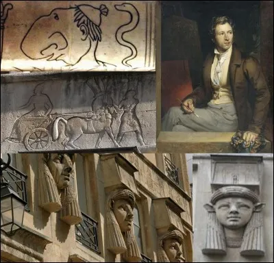 Allons au « 2, place du Caire » !
C'est l'ancien emplacement d'un atelier appartenant au peintre Antoine-Jean Gros. Un de ses élèves, Henri Bougenier, était connu pour son très mauvais caractère. Vous pourrez admirer sa caricature au milieu d'hiéroglyphes et de statues d'un style « néo-égyptien ».
Mais comment a-t-il été représenté sur la façade ?