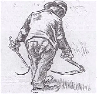 Que tient le moissonneur dans sa main droite ?