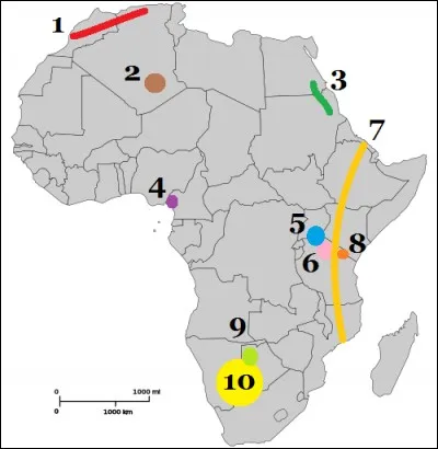 Quel lieu géographique est représenté par le numéro 8 en orange ?