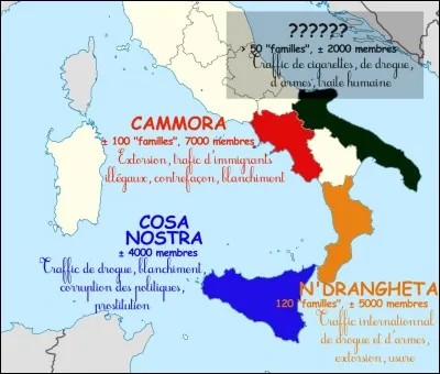 Quatre « surs » transalpines - « Cosa nostra », « Cammora » et « N'Drangheta » - sévissent en Sicile, Campanie et Calabre. Comment se nomme la 4e, celle des Pouilles ? (En noir sur la carte)