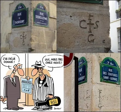 Allons à l'angle de la « rue des Coutures Saint-Gervais » et de la « rue de Thorigny » !
Sur un mur, on peut voir distinctement un signe composé des lettres « FCSG ». Elles signifient « Fief des Coutures Saint-Gervais ». Ce n'est pas la seule signification, il y en a une autre ?
Quelle est cette autre signification ?