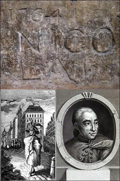 Allons 11 « Place des Vosges » !
Sur un des piliers qui constituent les arcades de cette place, on peut trouver le plus ancien graffiti de Paris, « 1764 Nicolas ». Il a été gravé par le marcheur le plus célèbre des nuits de Paris. On retrouve ses observations dans son uvre « Nuits de Paris ».
Qui est ce personnage ?