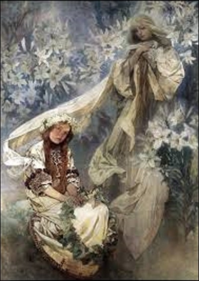 En 1905, quel peintre du mouvement Art nouveau (1860-1939), aussi affichiste, illustrateur, graphiste, architecte d'intérieur et décorateur, a peint cette toile intitulée ''La Madone aux lys'' ?