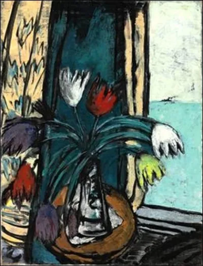 Qui a peint "Nature morte aux tulipes et vue sur mer" ?