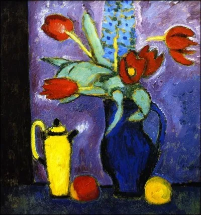 Qui a peint "Nature morte avec tulipes, vase bleu, pot à café jaune" ?