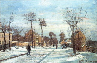 "La Route par la neige, Louveciennes", vers 1870, est de l'un des fondateurs du mouvement impressionniste. La première maison à gauche est celle de l'artiste.

De qui est cette uvre exposée actuellement au Musée Marmottan Monet, Paris ?