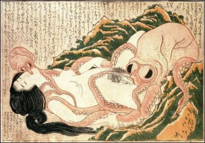Il s'agit ici moins de faire penser à une scène de film que de retrouver la série dans laquelle cette gravure érotique (Le rêve de la femme du pêcheur de Hokusai) joue un rôle clé...