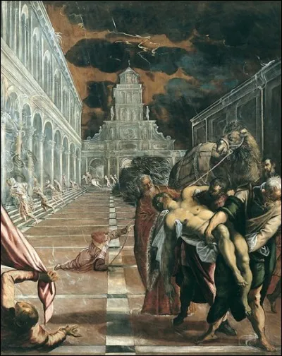 Pour accueillir les reliques de saint Marc rapportées par des marchands vénitiens d'Alexandrie, lieu de son martyre, une église dédiée est construite en 832 à l'emplacement de la chapelle du palais des Doges.
Quel artiste, célèbre pour la rapidité de son trait de pinceau et son utilisation dramatique de la perspective et de la lumière, a réalisé "L'enlèvement du corps de saint Marc" ?