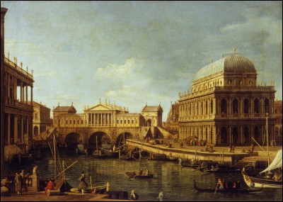 Voici un caprice de Canaletto : le projet non retenu d'un grand architecte pour la reconstruction en pierre du pont de Rialto. 
Mais quel est cet architecte qui a inspiré Canaletto ?