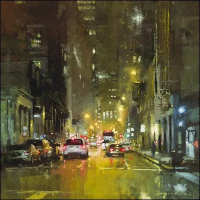 C'est beau une ville la nuit, comme sortie d'un rêve. De quel artiste vivant à San Francisco est ce tableau de New York ?