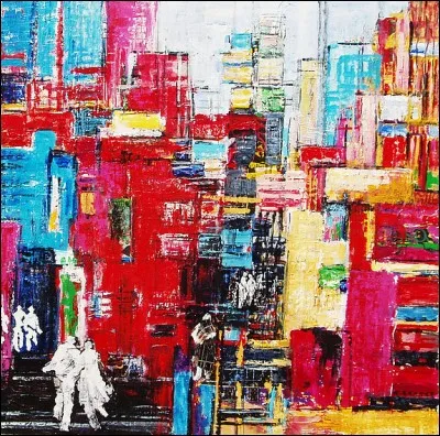 Dans cette ville de conception moderne, la vie se déroule sous le règne des couleurs vives. Quelle technique est utilisée par l'artiste afin d'intégrer les personnages en bas à gauche ?