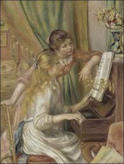 Nous commençons aujourd'hui ce quiz par cette toile réalisée en 1892, intitulée "Jeunes filles au piano". Ce tableau représente deux adolescentes dont l'une joue de cet instrument. Elles regardent et lisent en même temps une partition de musique. Quel peintre impressionniste est l'auteur de ce chef-d'oeuvre ?
