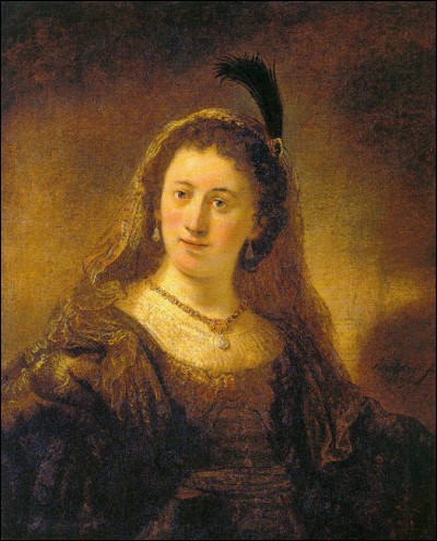 "La Dame en costume oriental" (1636 ?)Govaert Flinck, un &eacute;l&egrave;ve de Rembrandt, a r&eacute;alis&eacute; cette &eacute;tude qui s'int&eacute;resse &agrave; certaines sp&eacute;cificit&eacute;s (caract&egrave;re, physionomie, costume). Comme dans le tableau pr&eacute;c&eacute;dent, il ne s'agit pas d'un portrait, mais on a longtemps vu dans le mod&egrave;le Saskia van Uylenburgh, la premi&egrave;re &eacute;pouse du Ma&icirc;tre. Mais comment ce dernier s'appelle-t-il au juste ?