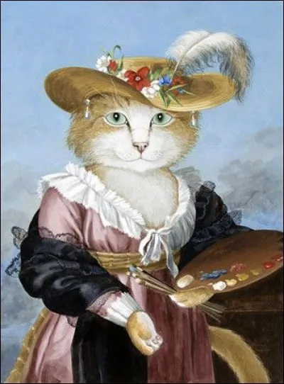 La minette a revêtu son chapeau : les fleurs, la plume, tout y est ! Et c'est le portrait de l'artiste !