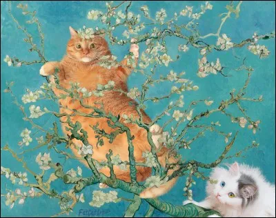 Gros Minou se mélange aux branches d'amandier peintes par :