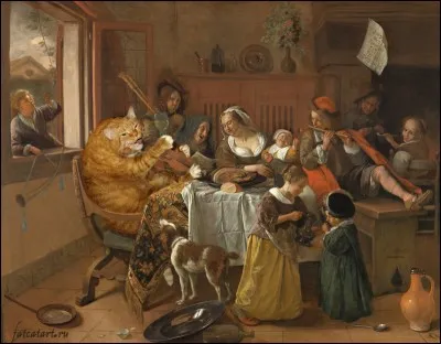 Cet énorme chat s'est invité à la table de la famille Merry ! De qui parodie-t-on l'oeuvre ?