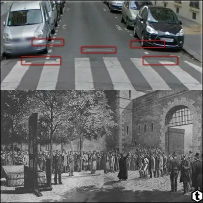 Allons à l'angle des rues de la « Croix-Faubin » et de la « Roquette » !
On peut voir au tout début de cette rue cinq dalles rectangulaires encastrées dans le sol. Elles servent de base à la guillotine jusqu'à la fermeture de la prison de la « grande Roquette » (1899).
Comment furent surnommées ces dalles ?
Que voulut faire un de ces anciens directeurs à leur sujet ?