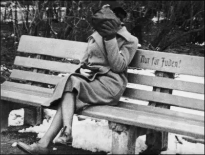 La scène qu'on peut observer sur cette photo eut lieu en Autriche en 1938. On peut y voir une femme assise sur un banc se masquant le visage. Quelle est la traduction de l'inscription qui figure sur le banc ?