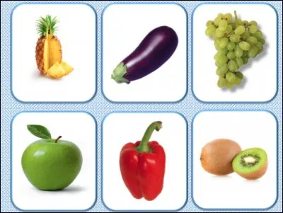 En suivant l'ordre chronologique (ananas, aubergine, raisin, pomme, poivron et kiwi), trouvez les mots qui correspondent aux images suivantes.