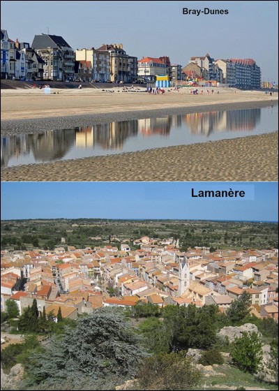 Bray-Dunes, dans le département du Nord, est la ville la plus au nord de la France métropolitaine. 
Lamanère, dans le département des Pyrénées-Orientales, est la ville la plus au sud de la France métropolitaine (hors Corse).
Combien de temps vous faudra-t-il pour rejoindre (à vol d'oiseau) ces deux villes à la vitesse moyenne d'un homme à pied (5 km/h) et sans s'arrêter ?