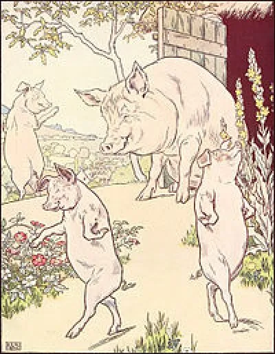 COCHONNER : comme dans "Oh non, tu as encore tout cochonné le dessin avec le gros pinceau". Y a-t-il un lien entre le verbe et l'animal, le cochon (ici, illustration de L. Leslie Brooke) ?