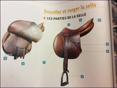 Comment se nomment les parties de la selle représentées par les numéros 3, 4 et 9 ?