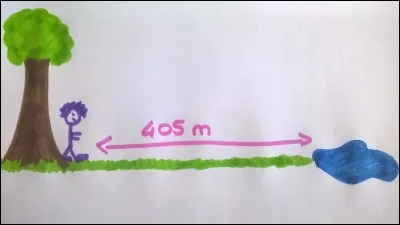 Observe bien le dessin et réponds à la question.
Cette image représente un petit garçon de 8 ans, mesurant 1,28 m, faisant un parcours de 405 mètres, à pied, de l'arbre jusqu'au point d'eau. 
De quel pied est parti le petit garçon ?