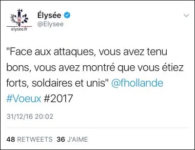 Dans la soirée du 31 décembre le service de communication de l'Élysée a multiplié les fautes sur Twitter.
Combien d'erreurs dans ce tweet ?