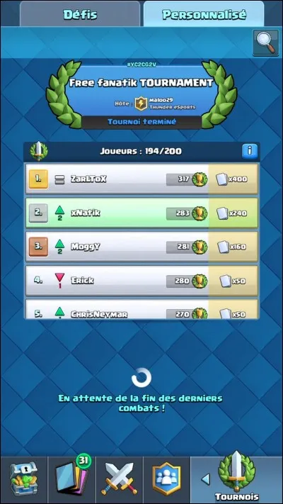 Combien coûte un tournoi personnalisé à 400 cartes ?