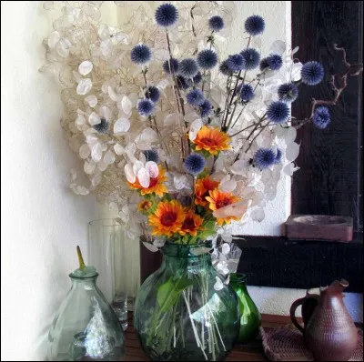 Je vous demande le nom de deux des fleurs de ce bouquet d'automne (les blanches et les bleues) :