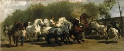 Toile réalisée de 1852 à 1855 ''Le Marché aux chevaux'' est inspirée par le marché aux chevaux de Paris. Montrant une scène de foire de vente de chevaux de trait, notamment Percherons, elle fut une première fois exposée, inachevée, au Salon de peinture et de sculpture de 1853 à Paris. Achevée, elle fut exposée à l'Exposition universelle de 1855. Quel peintre réaliste a créé cette oeuvre ?