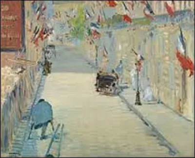 De hauteur de 65,5 cm et de 81 cm de longueur ''La Rue Mosnier aux drapeaux'' est l'oeuvre d'un peintre impressionniste et réaliste. Peinture exécutée lors de l'Exposition de 1878, alors que l'artiste avait son atelier dans ce quartier, il peint cette artère de la capitale, qui est comme les autres à cette époque, richement décorées par de nombreux drapeaux. Qui est l'auteur de cette toile ?
