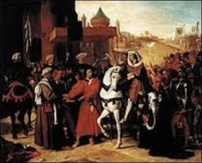 Peinte en 1821, ''Entrée à Paris du dauphin, futur Charles V'', est l'oeuvre d'un artiste de mouvement néoclassicisme. Appartenant à la période troubadour du peintre, ce tableau évoque un épisode de l'histoire de la France médiévale, le retour du dauphin Charles à Paris le 02 août 1358 après la révolte dans la capitale. Qui est l'auteur de cette toile ?