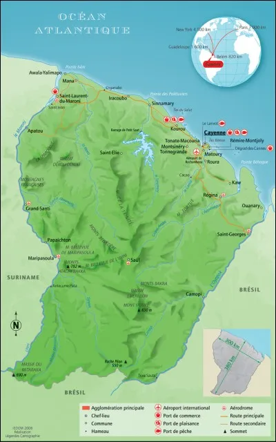 Ce département d'outre-mer est le seul à être situé sur un continent, son chef-lieu est Cayenne.